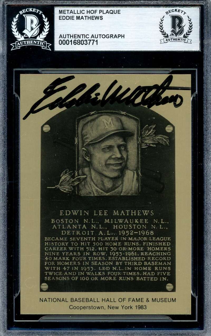 Eddie Mathews Beckett BAS Signed Gold Metallic Hall of Fame Plaque Autograph