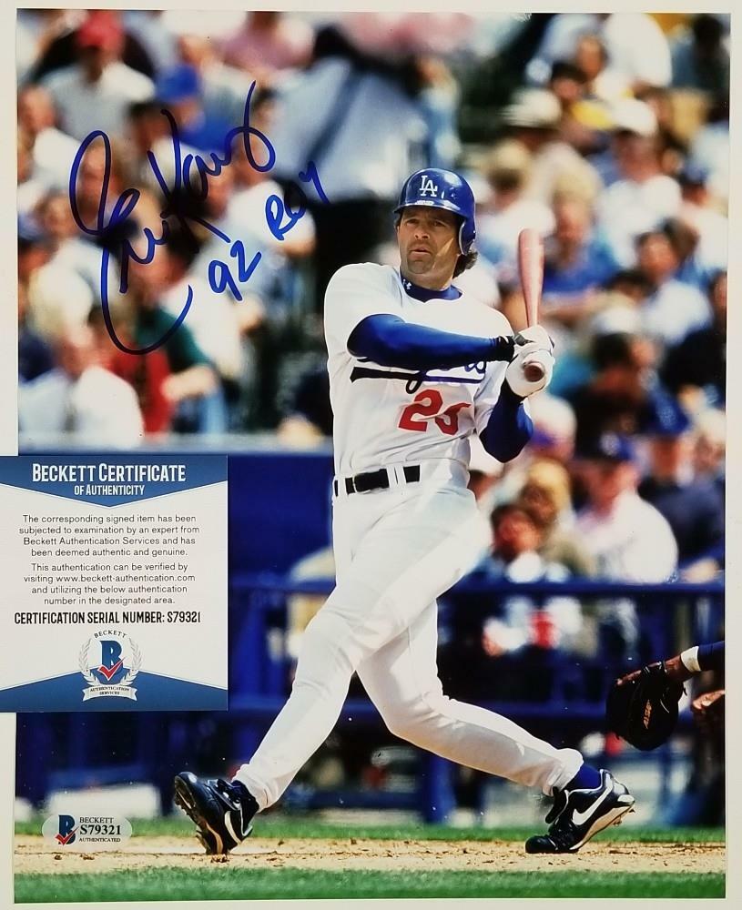 Eric Karros signed Dodgers 8x10 Photo #1 "92 ROY" Inscription ~ Beckett BAS COA