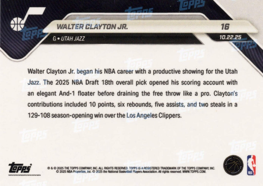 2025 Topps Now Walter Clayton Jr #16 Gold Foil /50 Utah Jazz Rookie RC Card