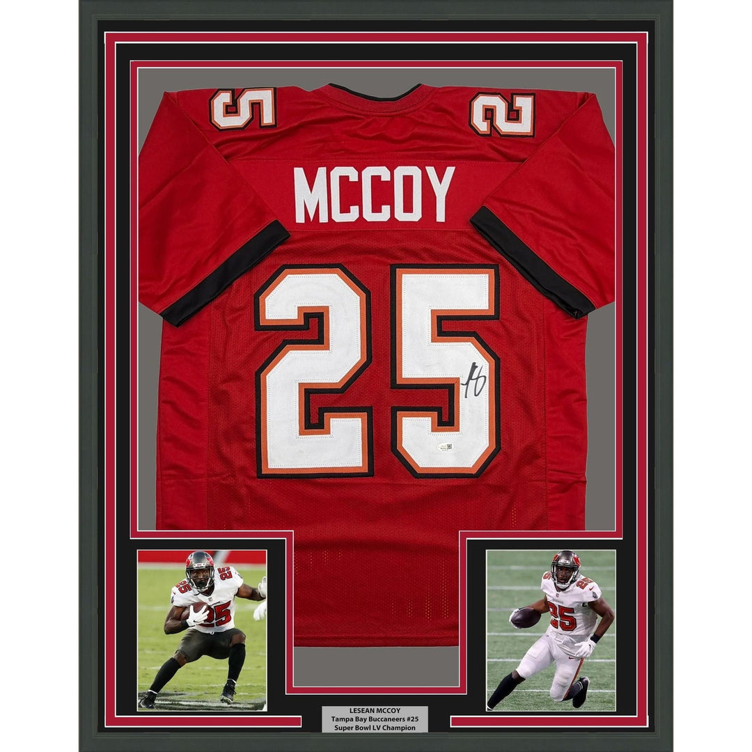 Framed Autographed/Signed LeSean McCoy 35x39 Tampa Bay Red Jersey JSA COA