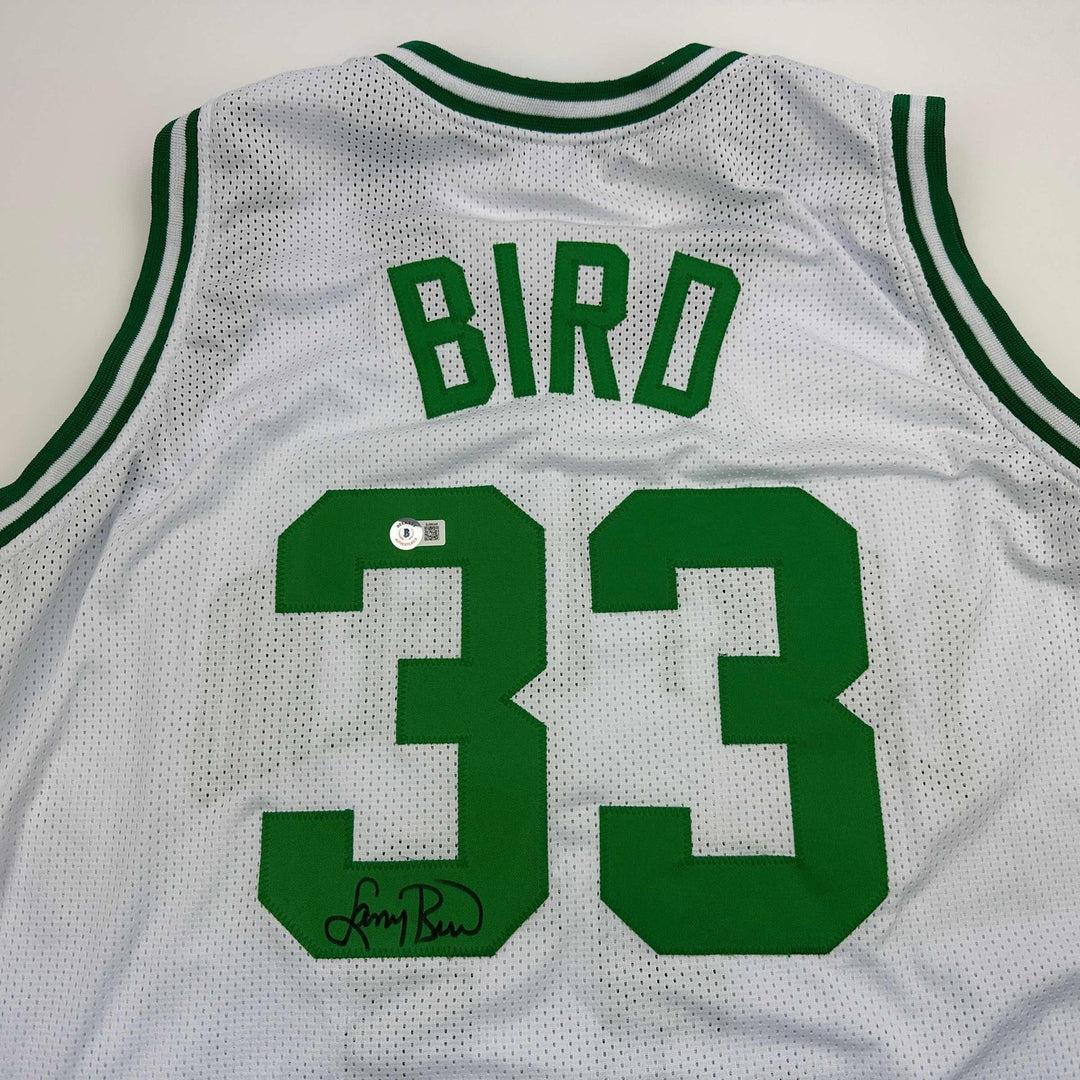 Autographed/Signed Larry Bird Boston White Jersey Beckett BAS COA