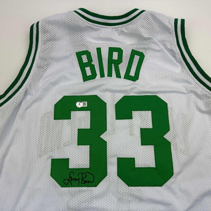 Autographed/Signed Larry Bird Boston White Jersey Beckett BAS COA