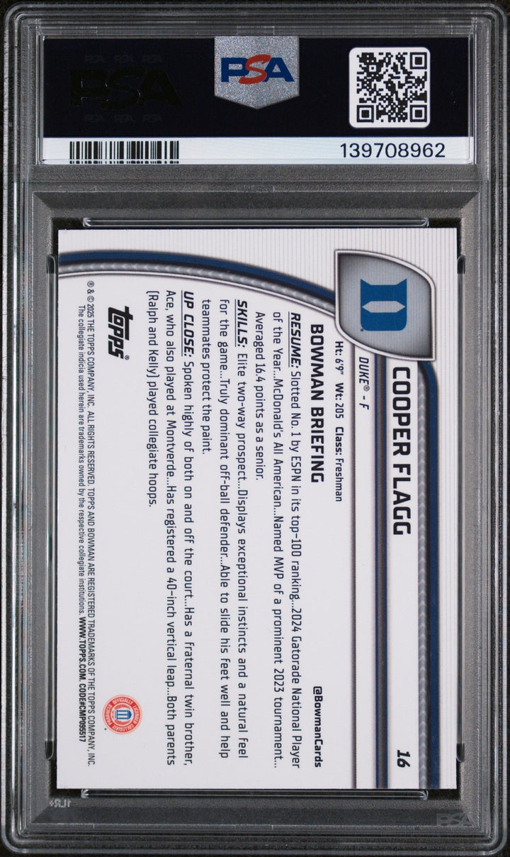 Graded 2024 Bowman Chrome Cooper Flagg #16 Purple Lava Rookie Card PSA 10