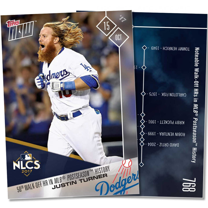 JUSTIN TURNER 50th WALKOFF HR IN POSTSEASON TOPPS NOW 2017 CARD #768 + TOPLOADER