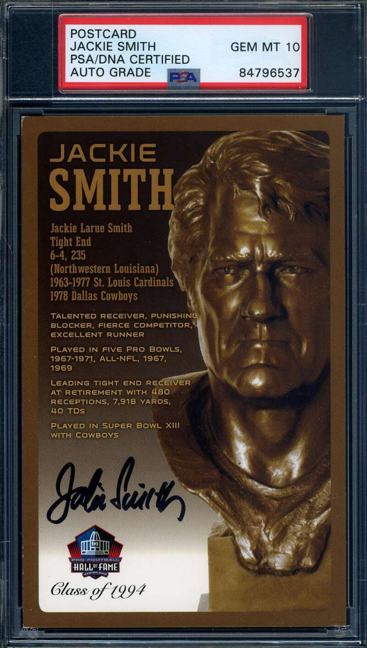 Jackie Smith Gem Mint 10 PSA DNA Signed HOF Bronze Bust Postcard Autographed