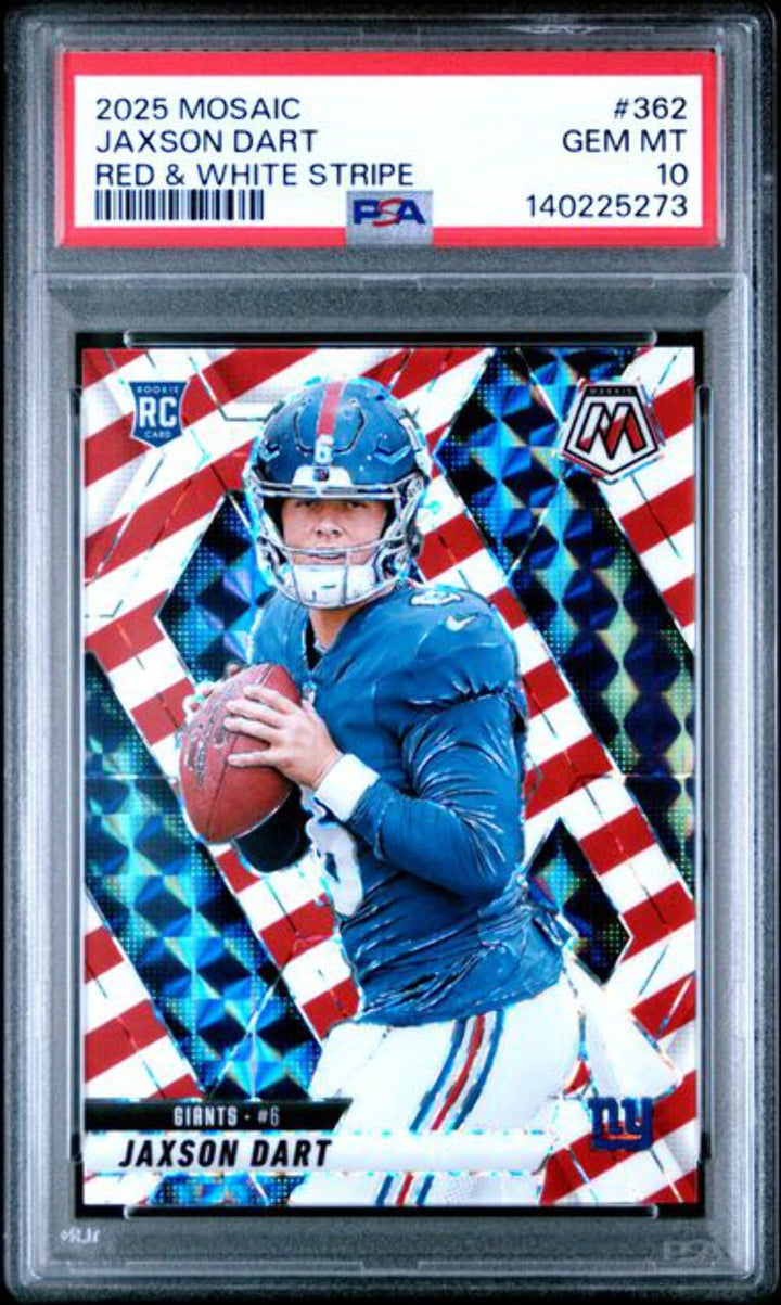 Graded 2025 Panini Mosaic Jaxson Dart #362 Red & White Stripe Rookie Card PSA 10