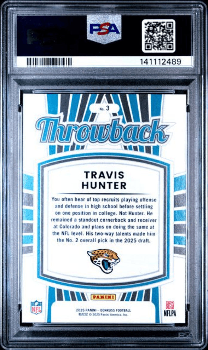 Graded 2025 Donruss Travis Hunter #3 Rated Rookie Throwback Card PSA 10