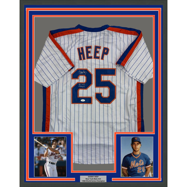 Framed Signed Danny Heep 35x39 New York Pinstripe Jersey JSA COA
