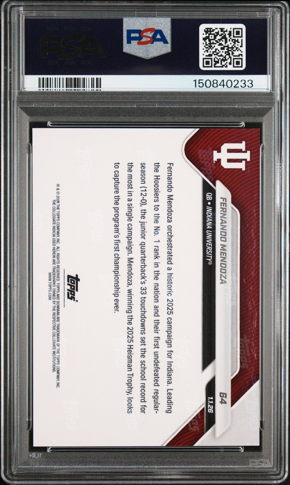 Graded 2025 Bowman U Now Fernando Mendoza #64 Rookie RC Football Card PSA 9