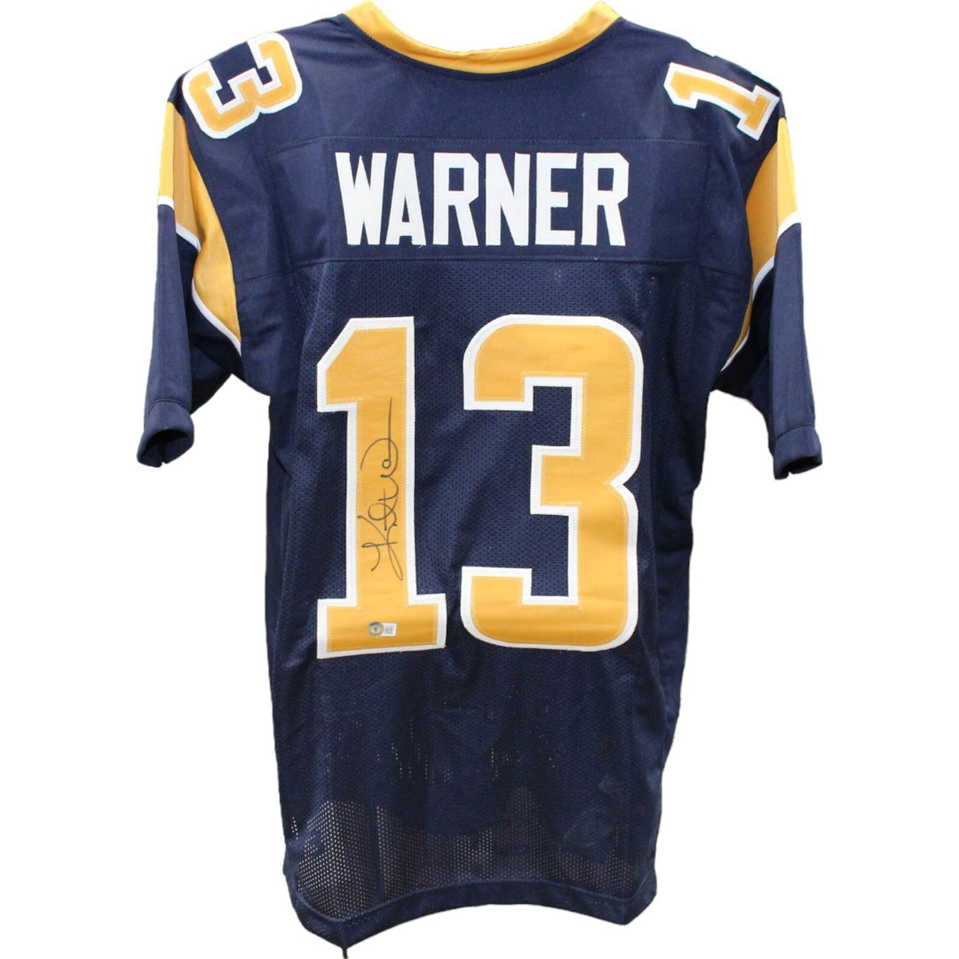 Kurt Warner Autographed/Signed Pro Style Blue XL Jersey Beckett BAS 34236