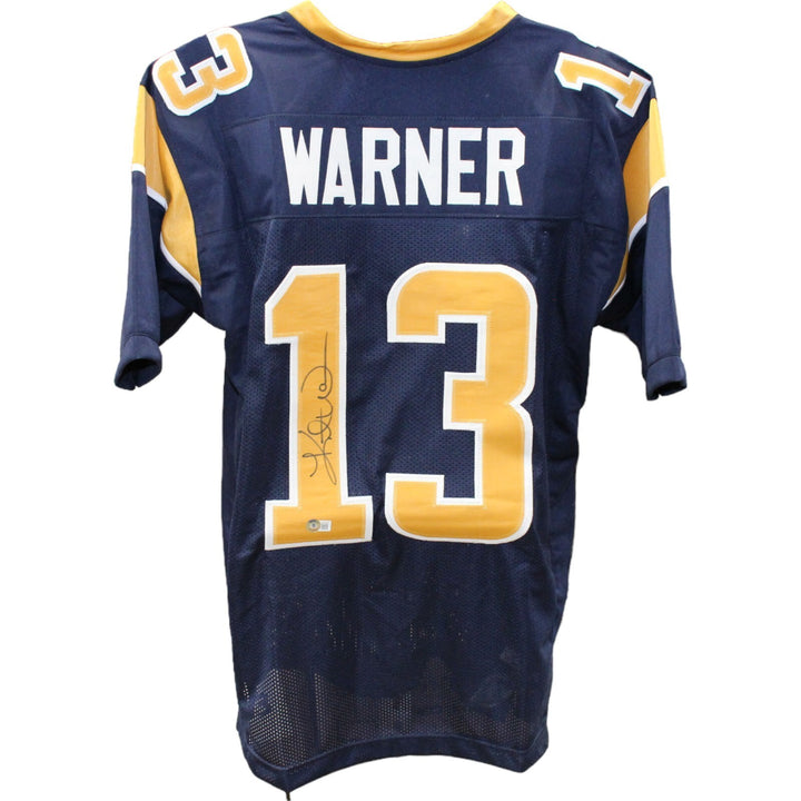 Kurt Warner Autographed/Signed Pro Style Blue XL Jersey Beckett BAS 34236