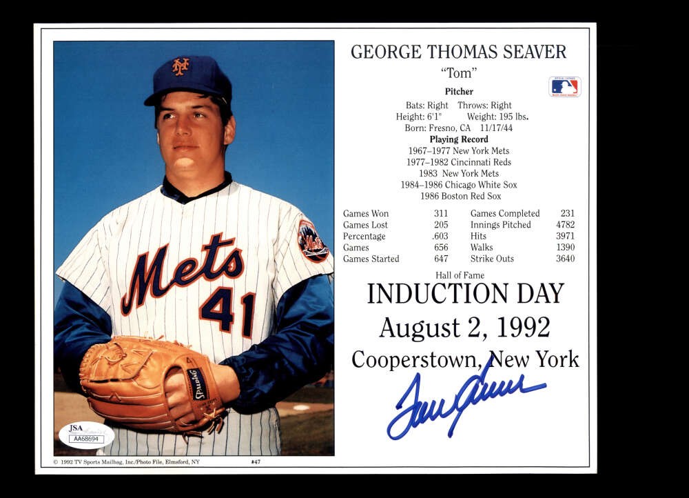 Tom Seaver JSA Coa Signed 8x10 Photo Autograph Mets