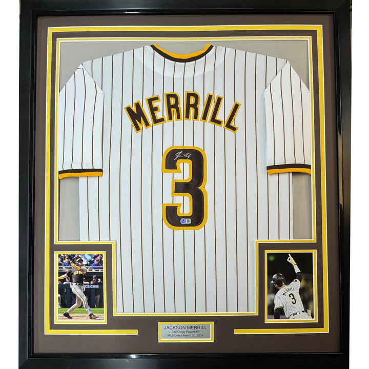 Framed Autographed/Signed Jackson Merrill 35x39 San Diego Pin Jersey Beckett COA