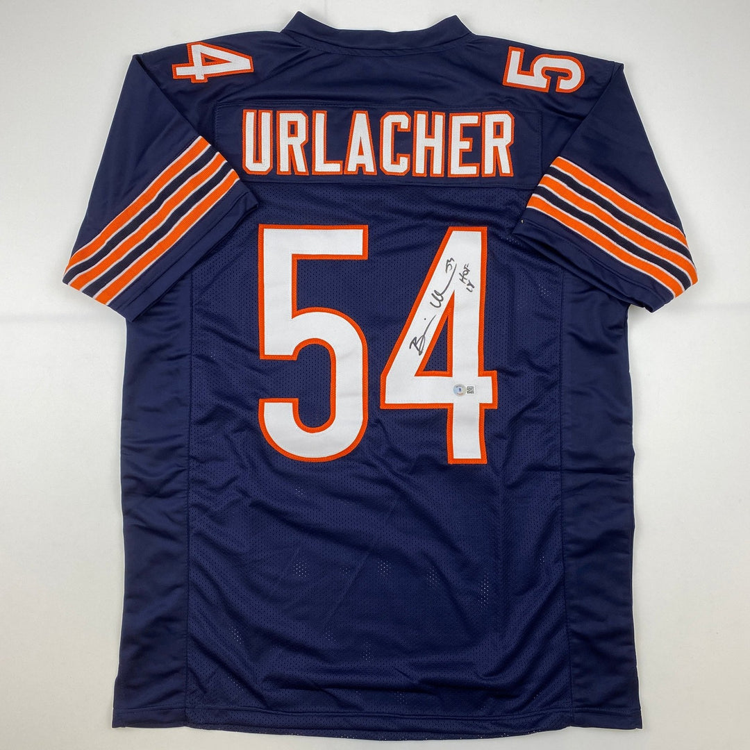 Autographed/Signed Brian Urlacher HOF 18 Chicago Blue Jersey Beckett COA