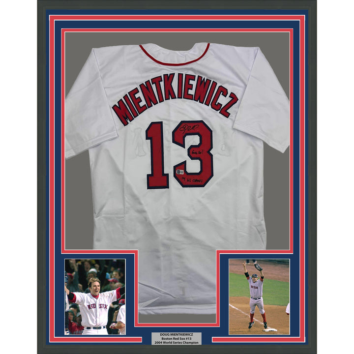 Framed Autographed/Signed Doug Mientkiewicz 35x39 Boston White Jersey BAS COA