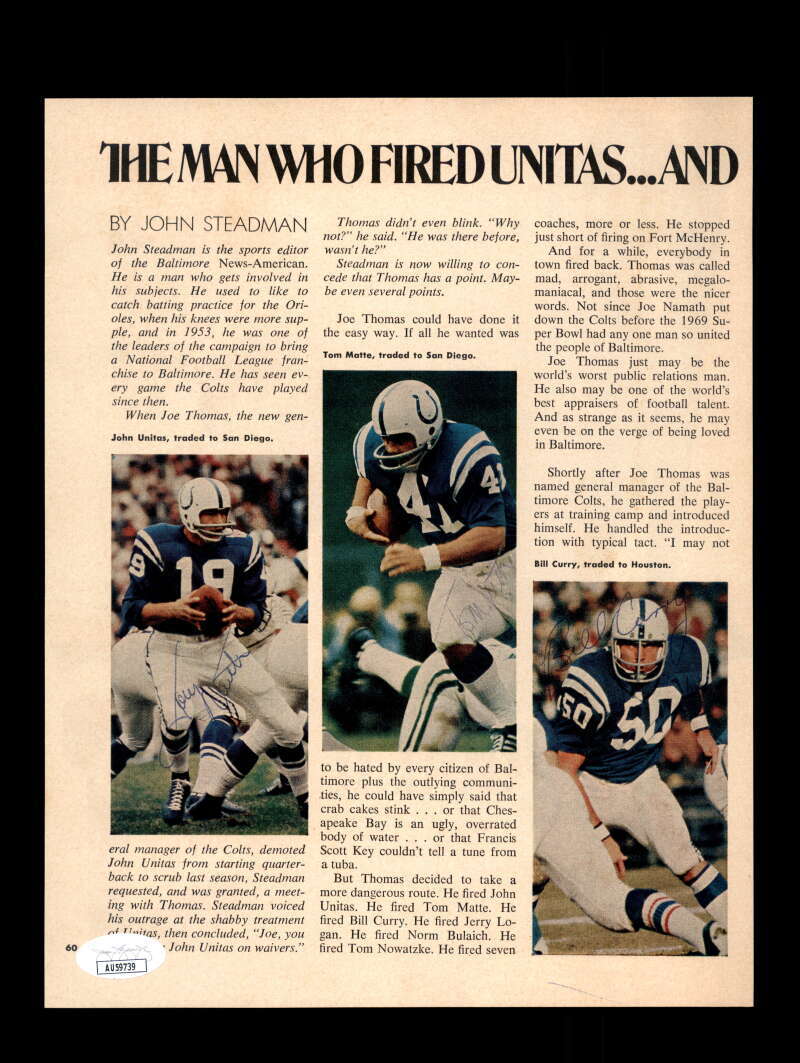 Johnny Unitas Tom Matte  Bill Curry JSA Autograph 8x10 Signed Vintage Photo Colt