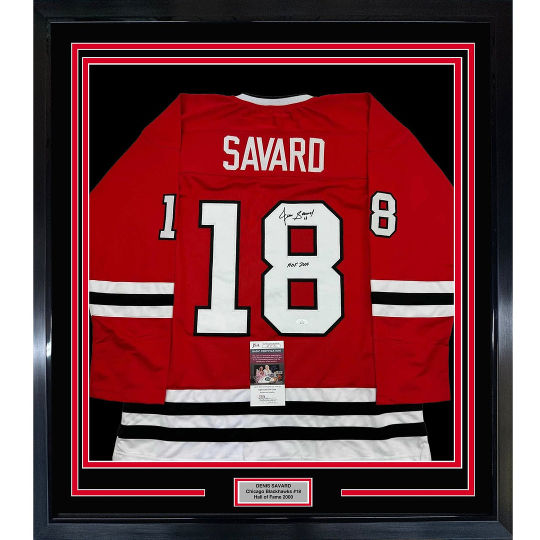 Framed Signed Denis Savard HOF 2002 35x39 Chicago Red Jersey JSA COA