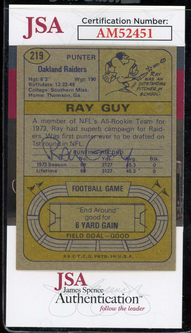 Ray Guy JSA Coa Signed 1974 Topps Rookie Autographed