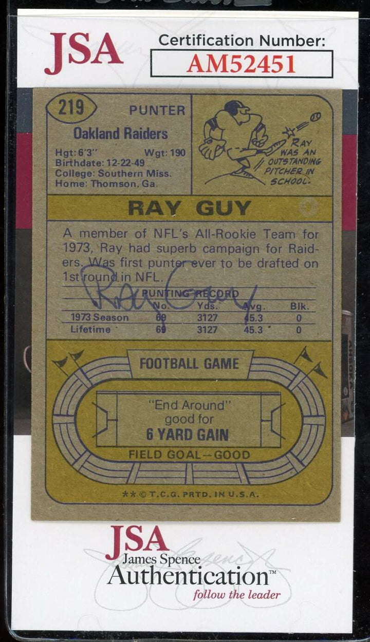 Ray Guy JSA Coa Signed 1974 Topps Rookie Autographed