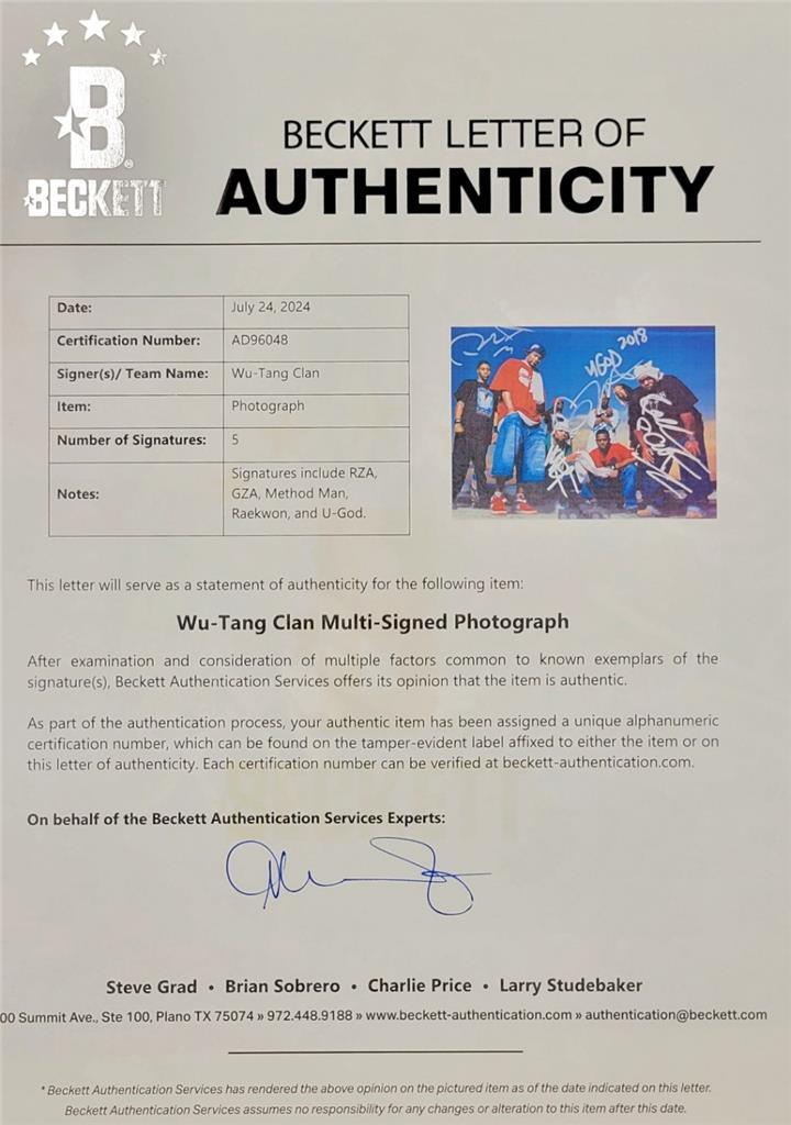 Wu-Tang Clan signed 11x14 photo GZA RZA Raekwon U-God Man autograph~ Beckett BAS
