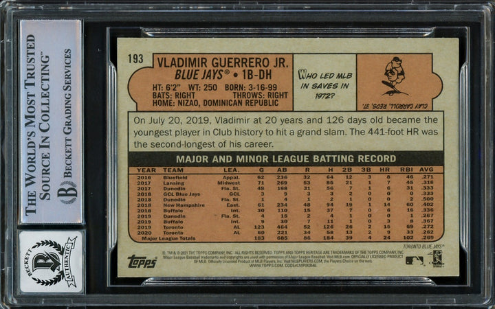 Vladimir Guerrero Jr Auto 2021 Topps Heritage Card 193 Blue Jays Auto 10 Beckett