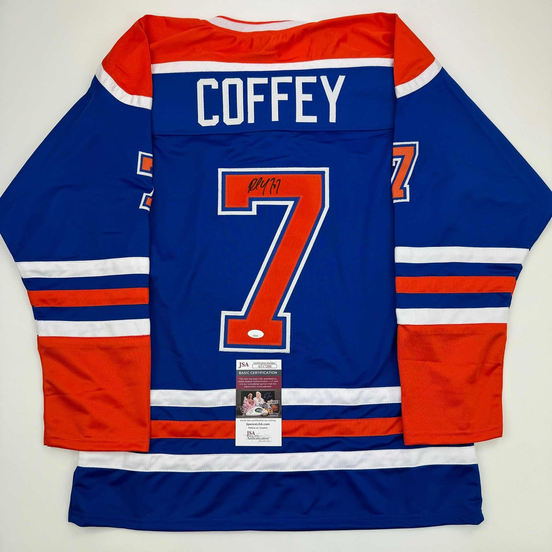 Autographed/Signed Paul Coffey Edmonton Blue Hockey Jersey JSA COA