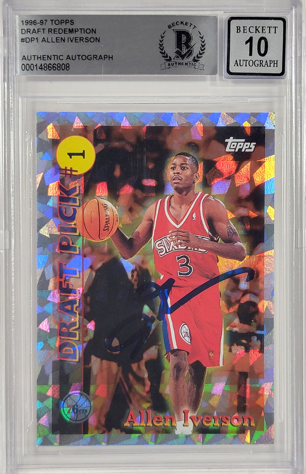 Allen Iverson Signed 1996-97 Topps Draft Pick RC DP1 76ers Auto 10 Beckett