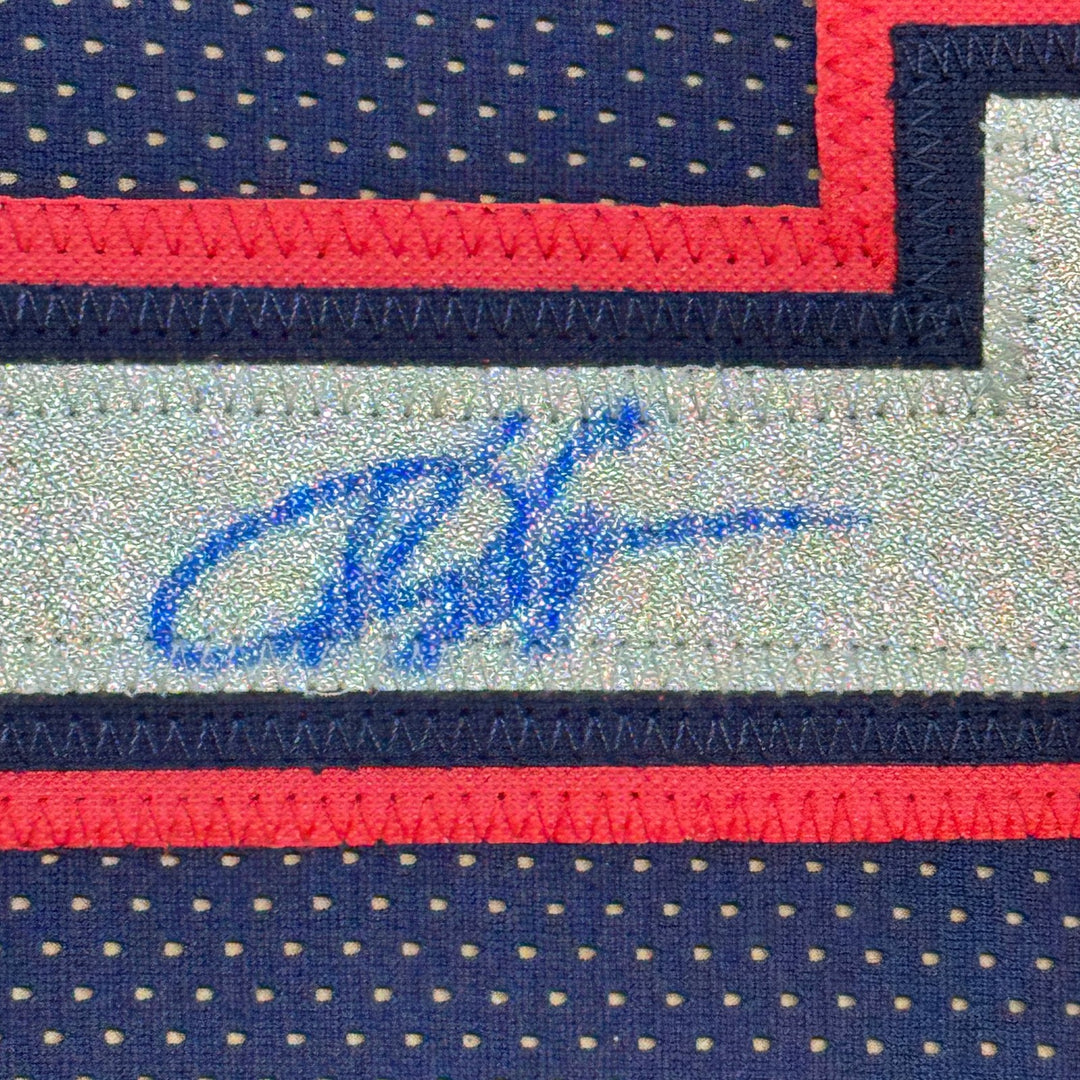 Framed Signed Vince Carter 35x39 New Jersey Navy Blue Jersey PSA COA