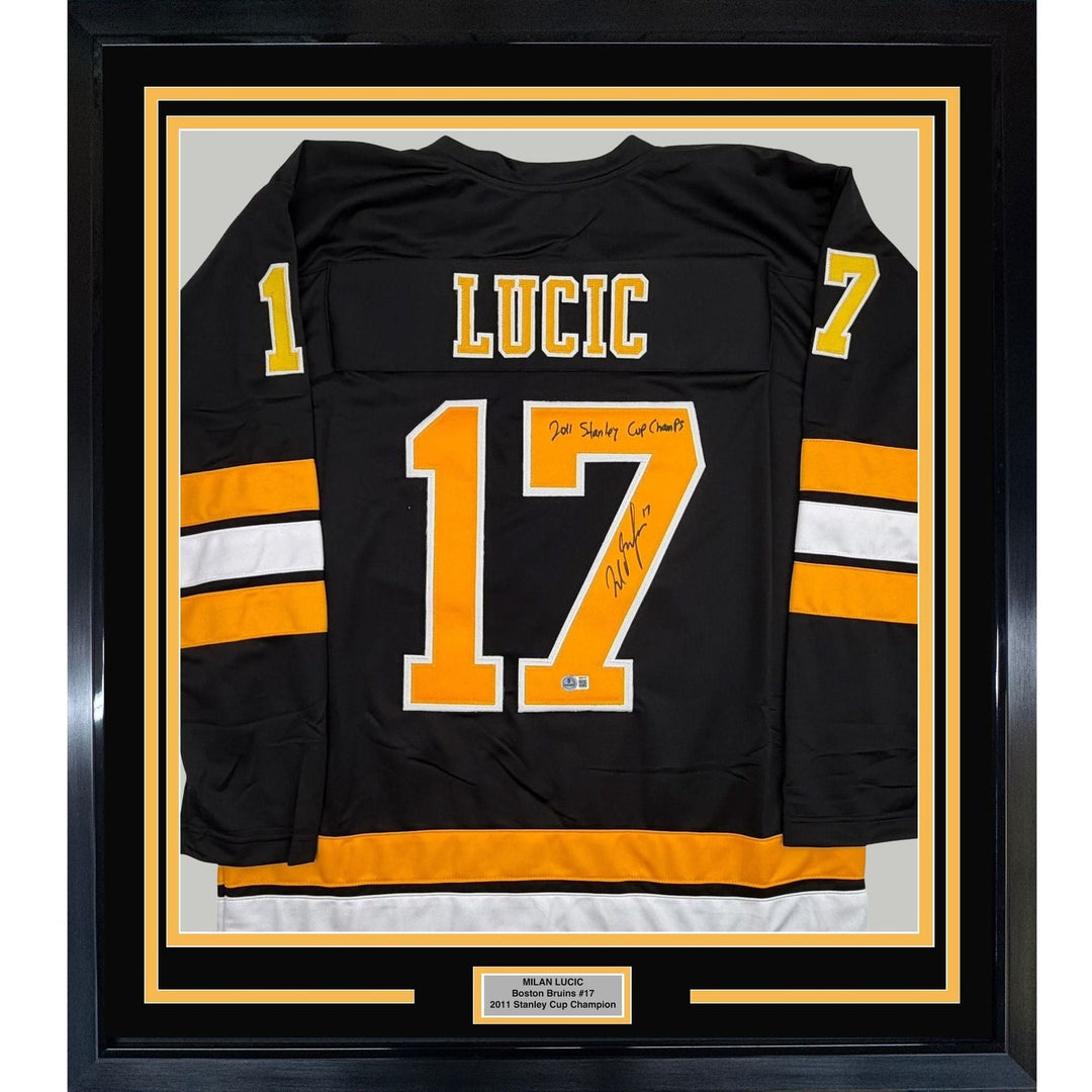 Framed Autographed/Signed Milan Lucic 35x39 Boston Black Jersey Beckett COA