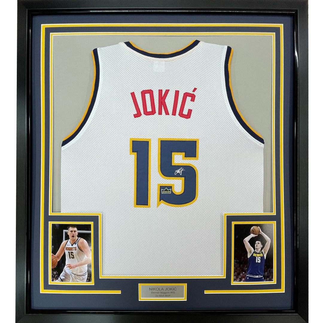 Framed Facsimile Autographed Nikola Jokic 33x42 White Reprint Laser Auto Jersey