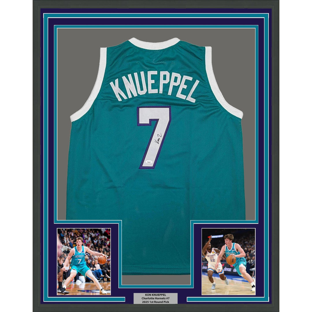 Framed Autographed/Signed Kon Knueppel 35x39 Charlotte Teal Jersey JSA COA