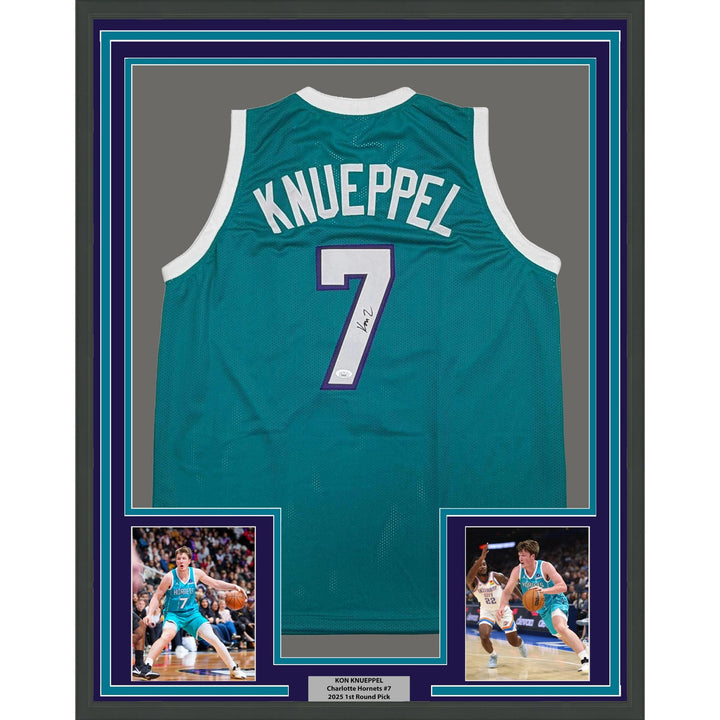 Framed Autographed/Signed Kon Knueppel 35x39 Charlotte Teal Jersey JSA COA