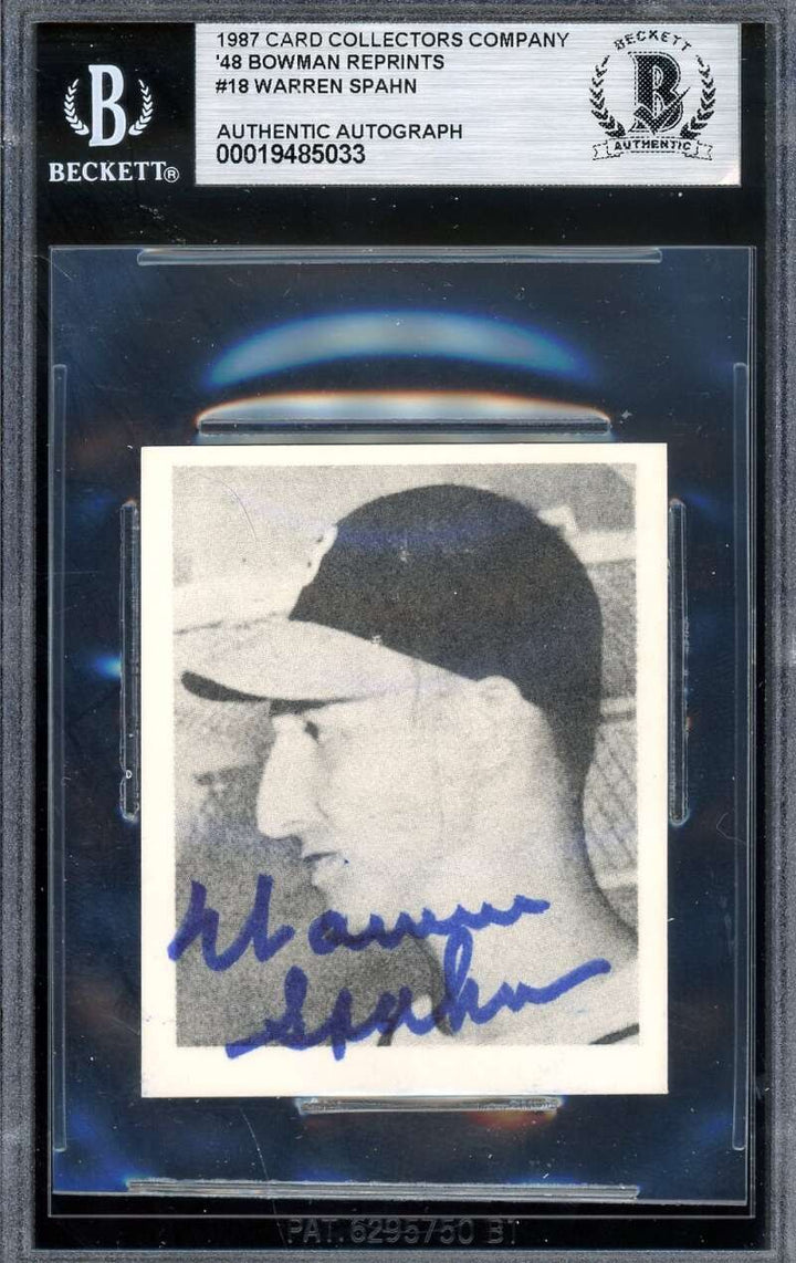 Warren Spahn Beckett BAS Signed 1948 Bowman Rookie 1987 Reprint Autograph