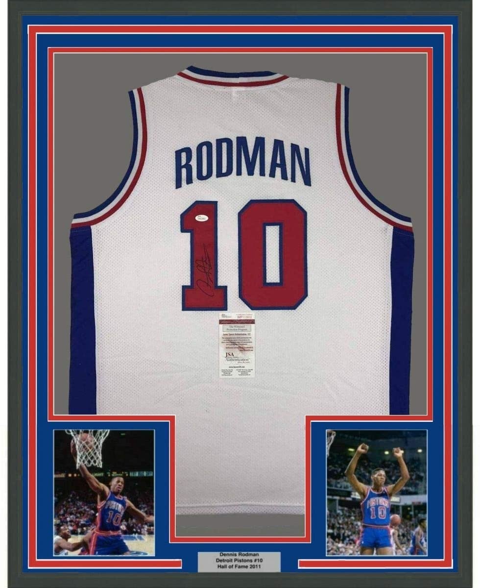 FRAMED Signed DENNIS RODMAN 35x39 Detroit White Jersey JSA COA Auto