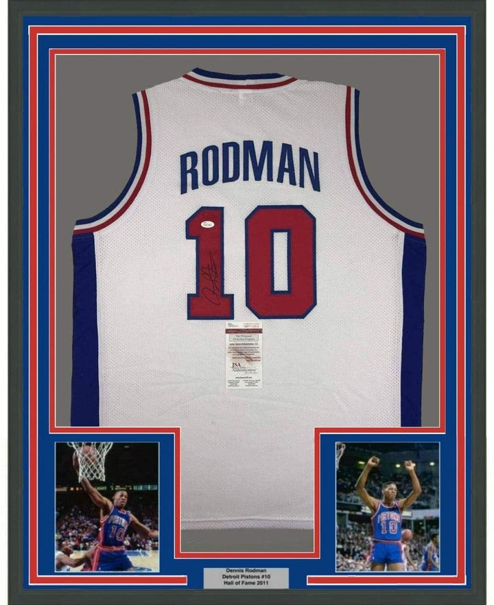 FRAMED Signed DENNIS RODMAN 35x39 Detroit White Jersey JSA COA Auto