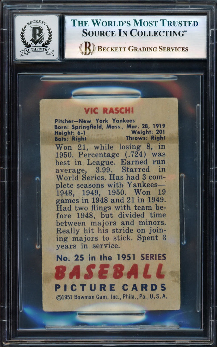 Vic Raschi Signed 1951 Bowman RC 25 Yankees Auto GM 10 Beckett #17606416