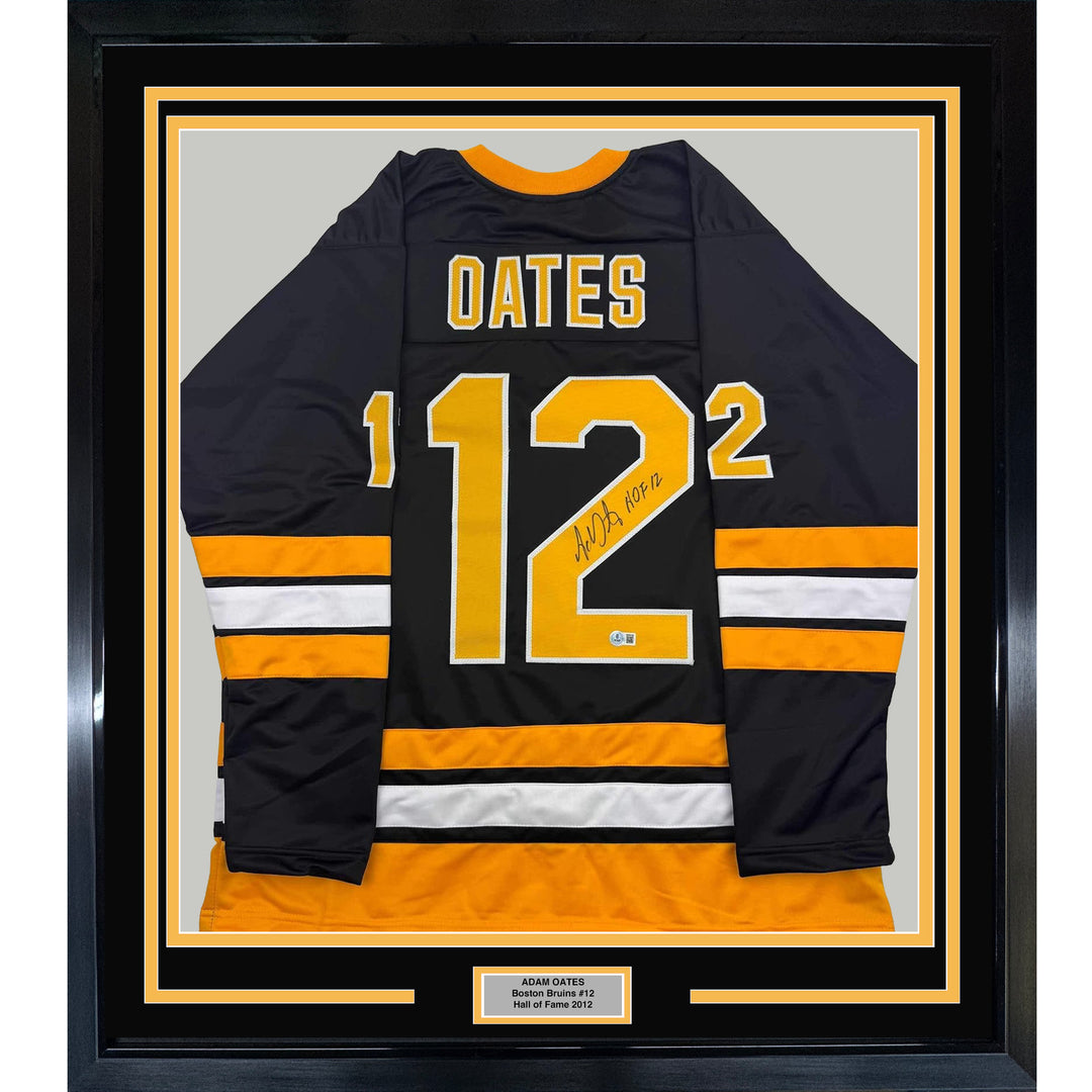 Framed Autographed/Signed Adam Oates 35x39 "HOF 12" Black Hockey Jersey BAS COA