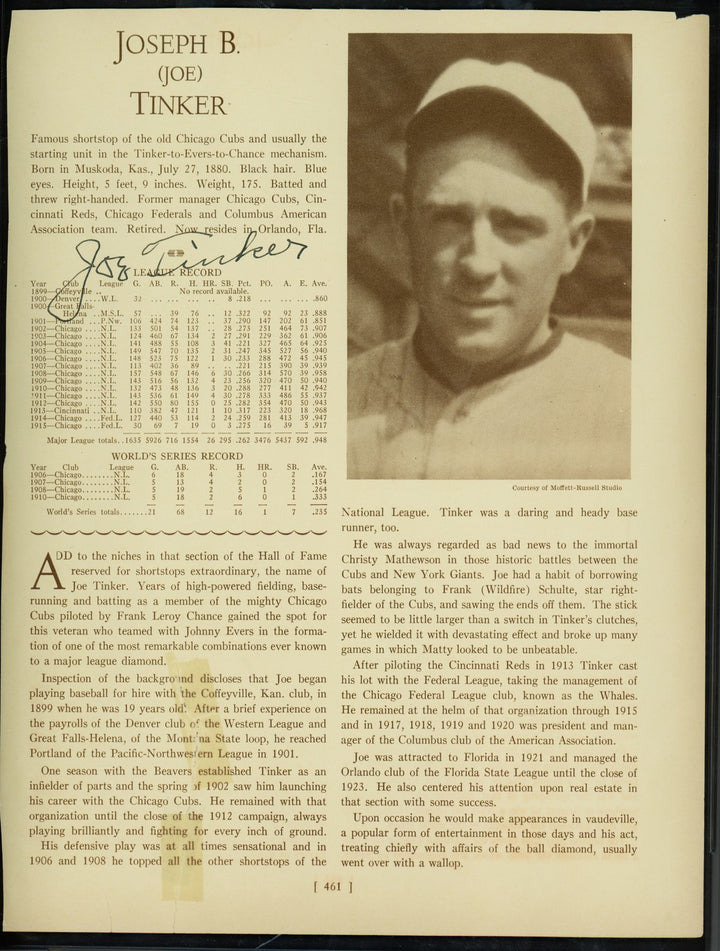 Joe Tinker Signed 8.5x11 Magazine Page Chicago Cubs Auto GM 10 PSA/DNA #85433069