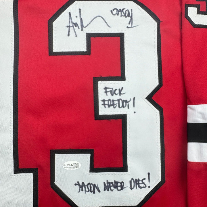 Autographed/Signed Ari Lehman Jason Voorhees Friday The 13th Red Jersey JSA COA
