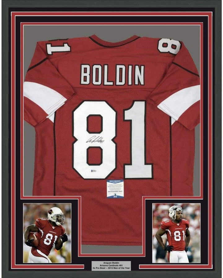 FRAMED Autographed/Signed ANQUAN BOLDIN 33x42 Arizona Red Jersey BAS COA