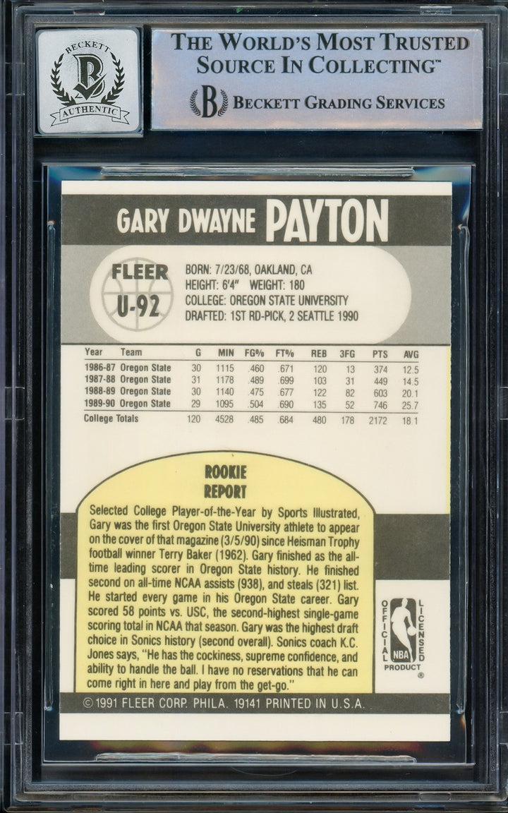 Gary Payton Signed 1990-91 Fleer Update RC U-92 Supersonics Auto GM 10 Beckett