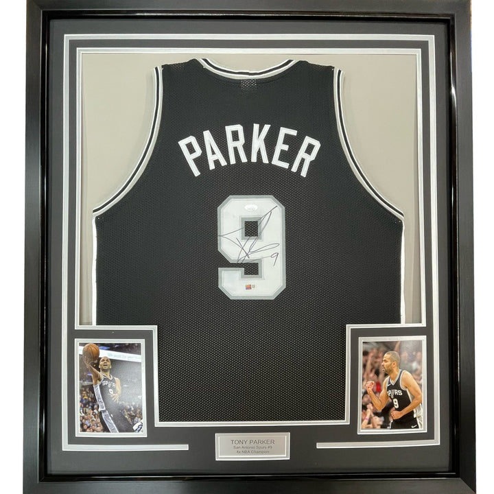 Framed Signed Tony Parker 35x39 San Antonio Black Jersey JSA COA