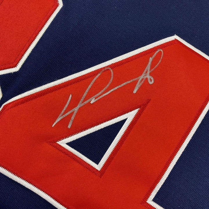 Framed Autographed/Signed David Ortiz 35x39 Boston Blue Jersey JSA COA