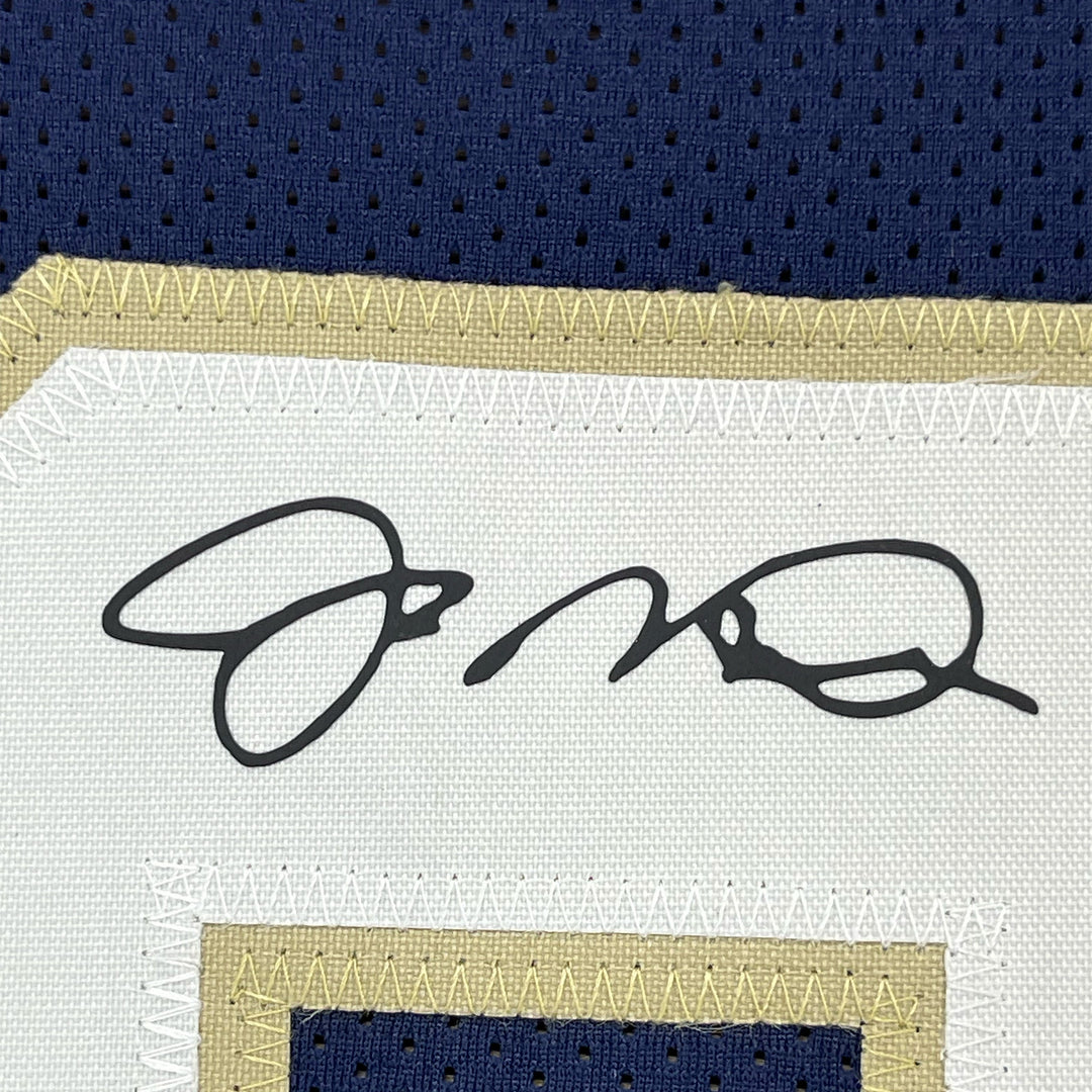 Framed Facsimile Autographed Joe Montana 33x42 Notre Dame Blue Reprint Jersey