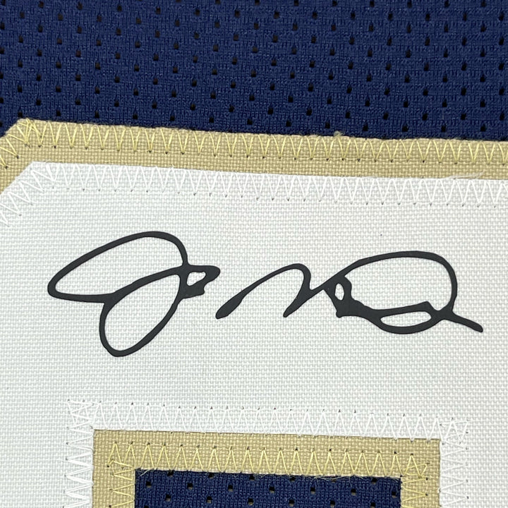 Framed Facsimile Autographed Joe Montana 33x42 Notre Dame Blue Reprint Jersey