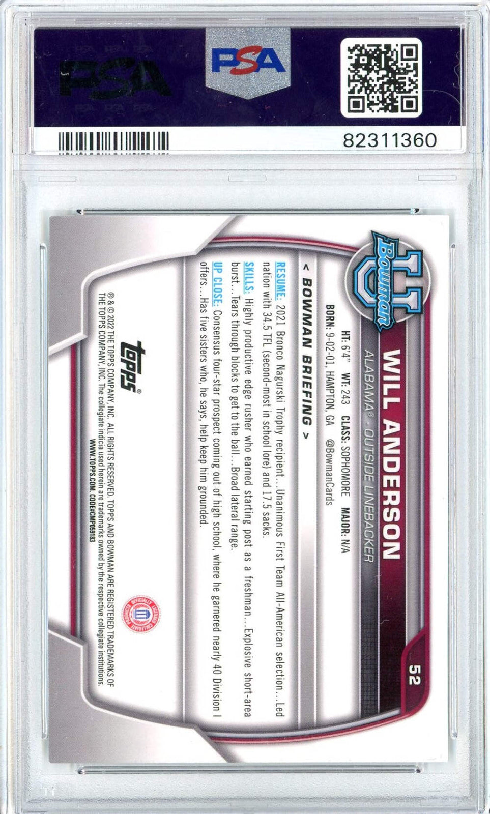 Graded 2022 Bowman University Will Anderson #52 Chrome Prospects RC Card PSA 10