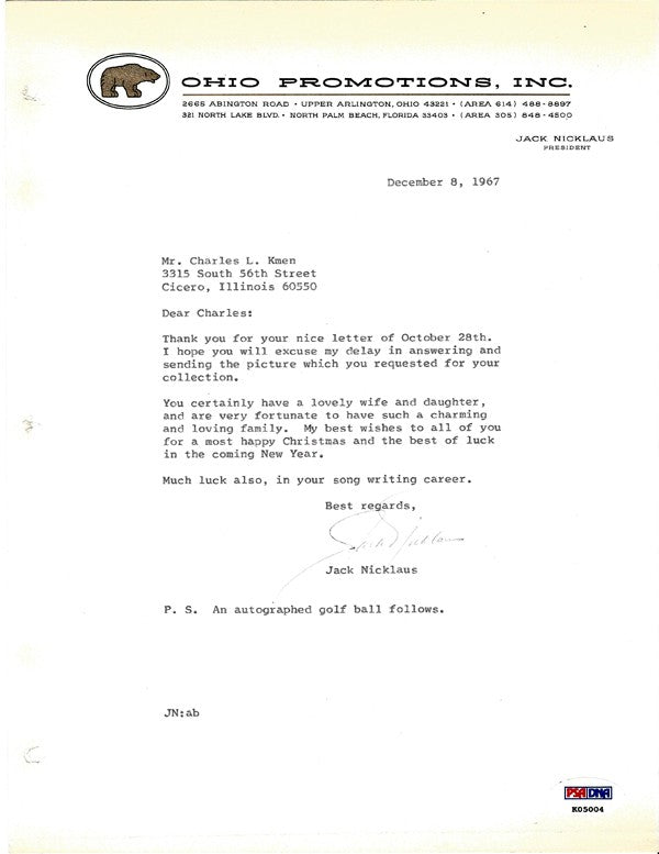 Jack Nicklaus Autographed Signed Letter 1967 Vintage Signature PSA/DNA #K05004