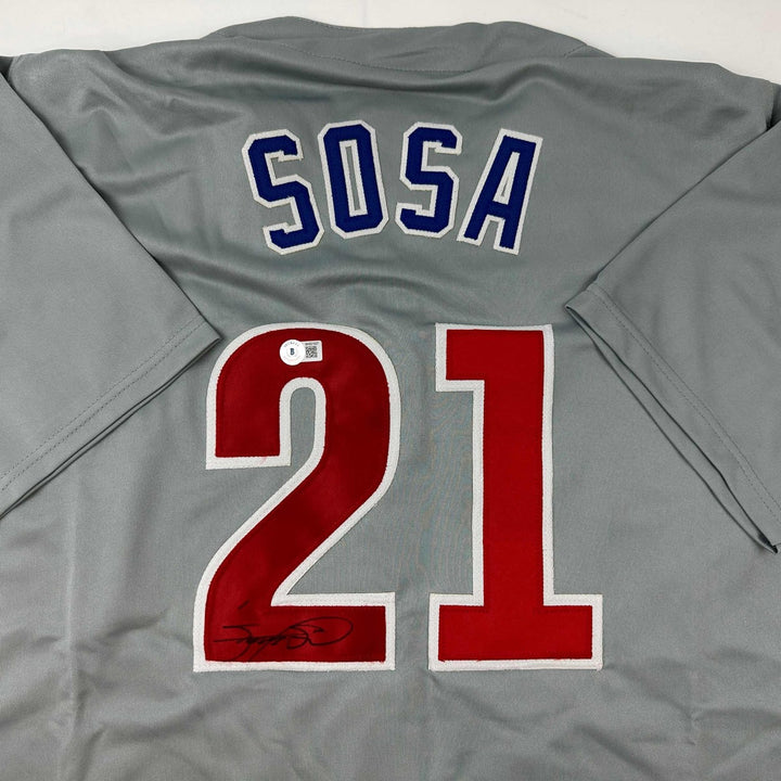 Autographed/Signed Sammy Sosa Chicago Grey Baseball Jersey Beckett BAS COA