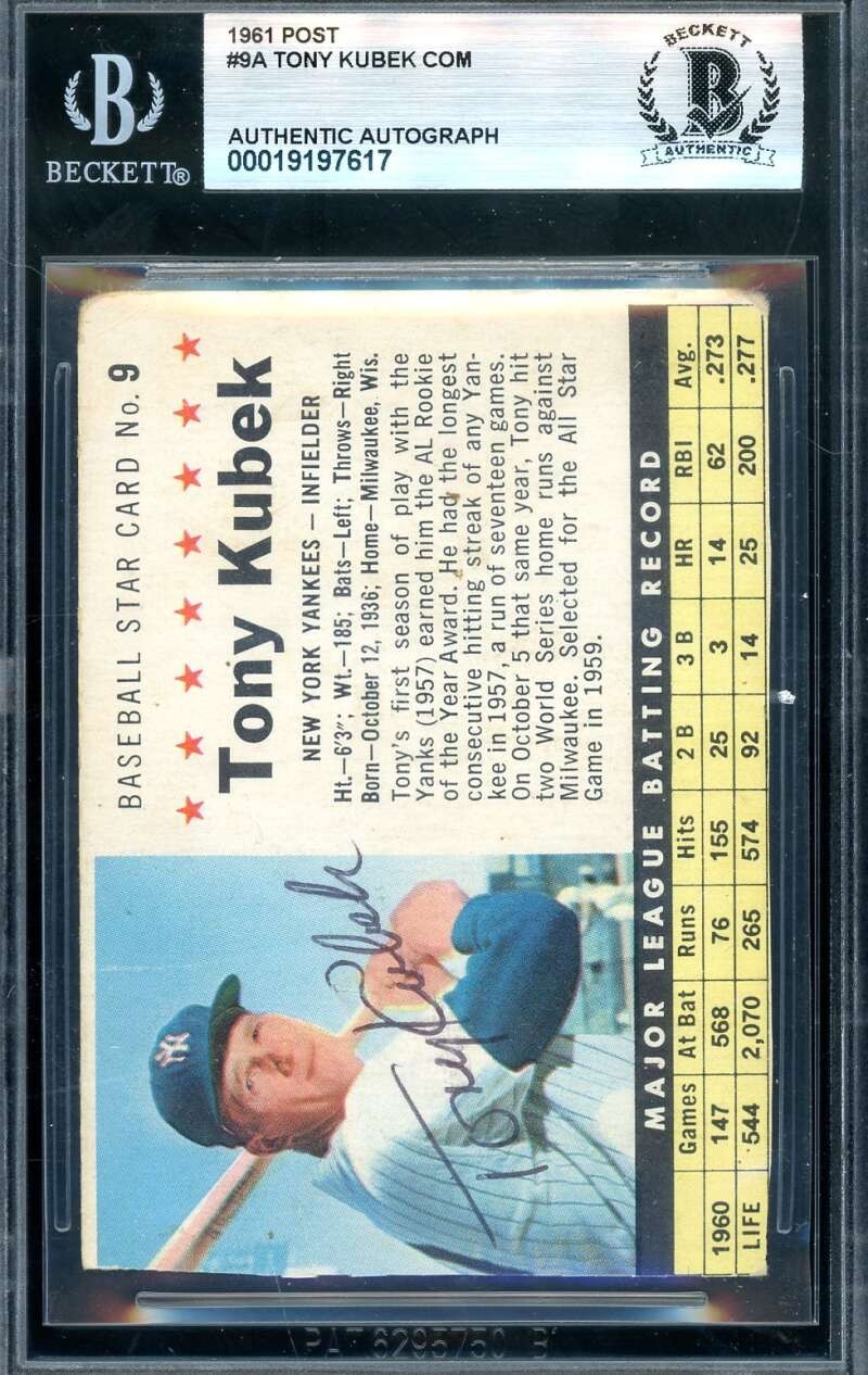 Tony Kubek Beckett BAS Signed 1961 Post Autograph