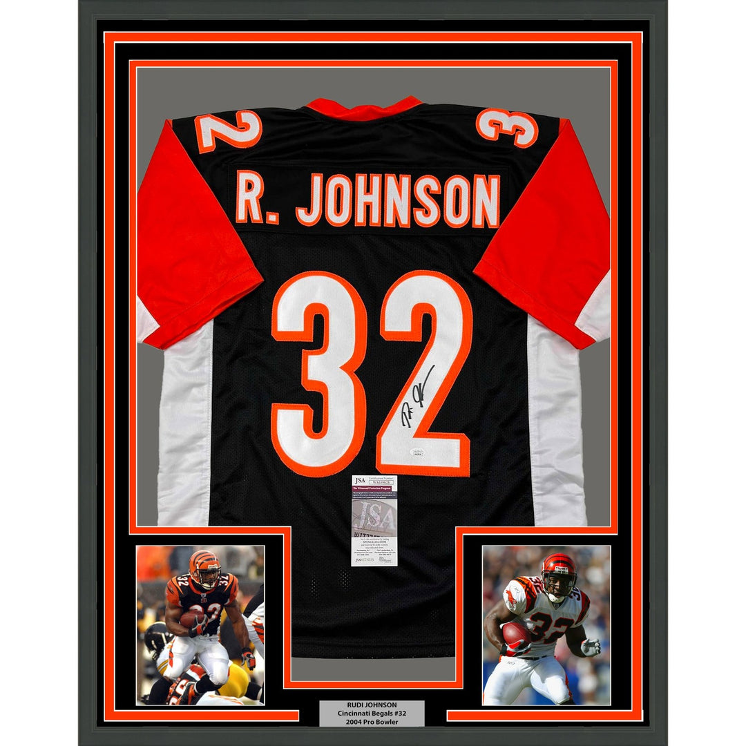 Framed Signed Rudi Johnson 35x39 Cincinnati Black Jersey JSA COA